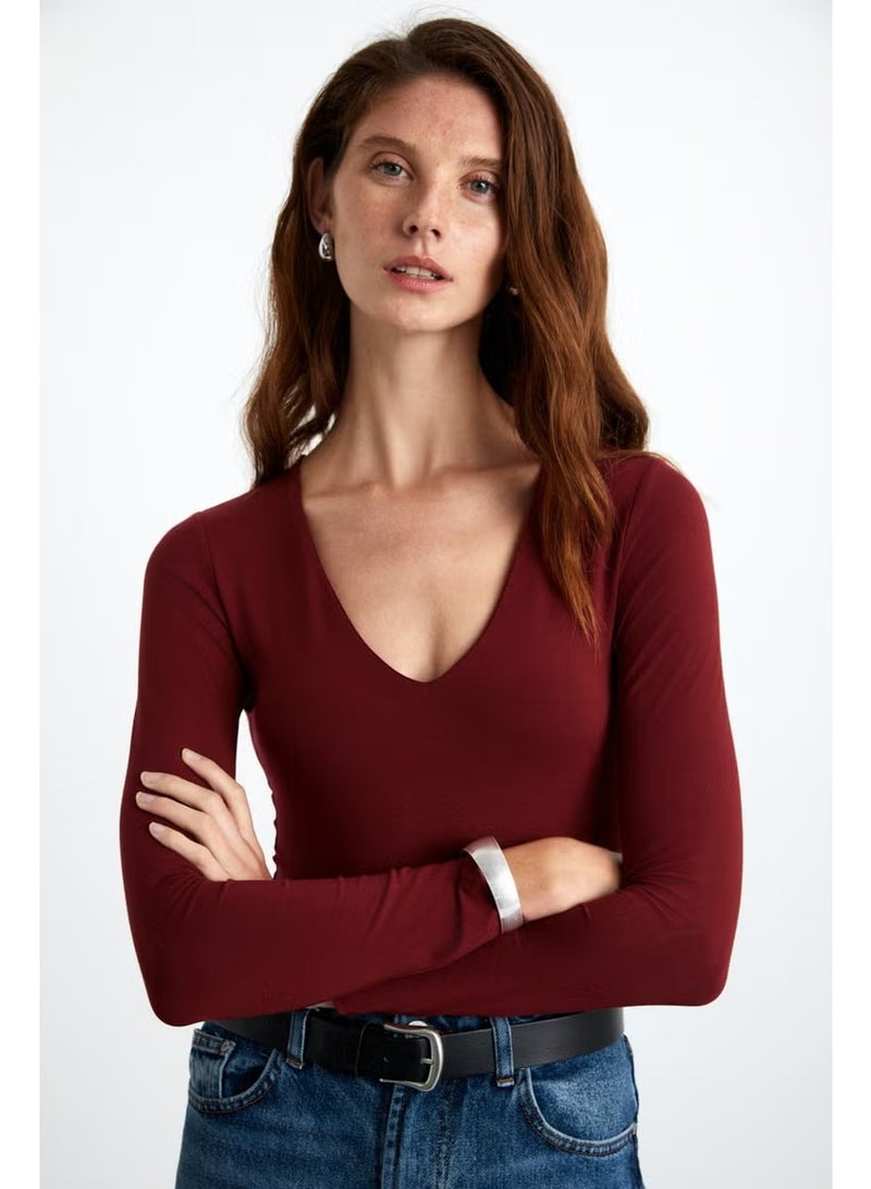 GRIMELANGE Leıdy Deep V Neck Long Sleeve Viscose Burgundy Blouse - Image 3
